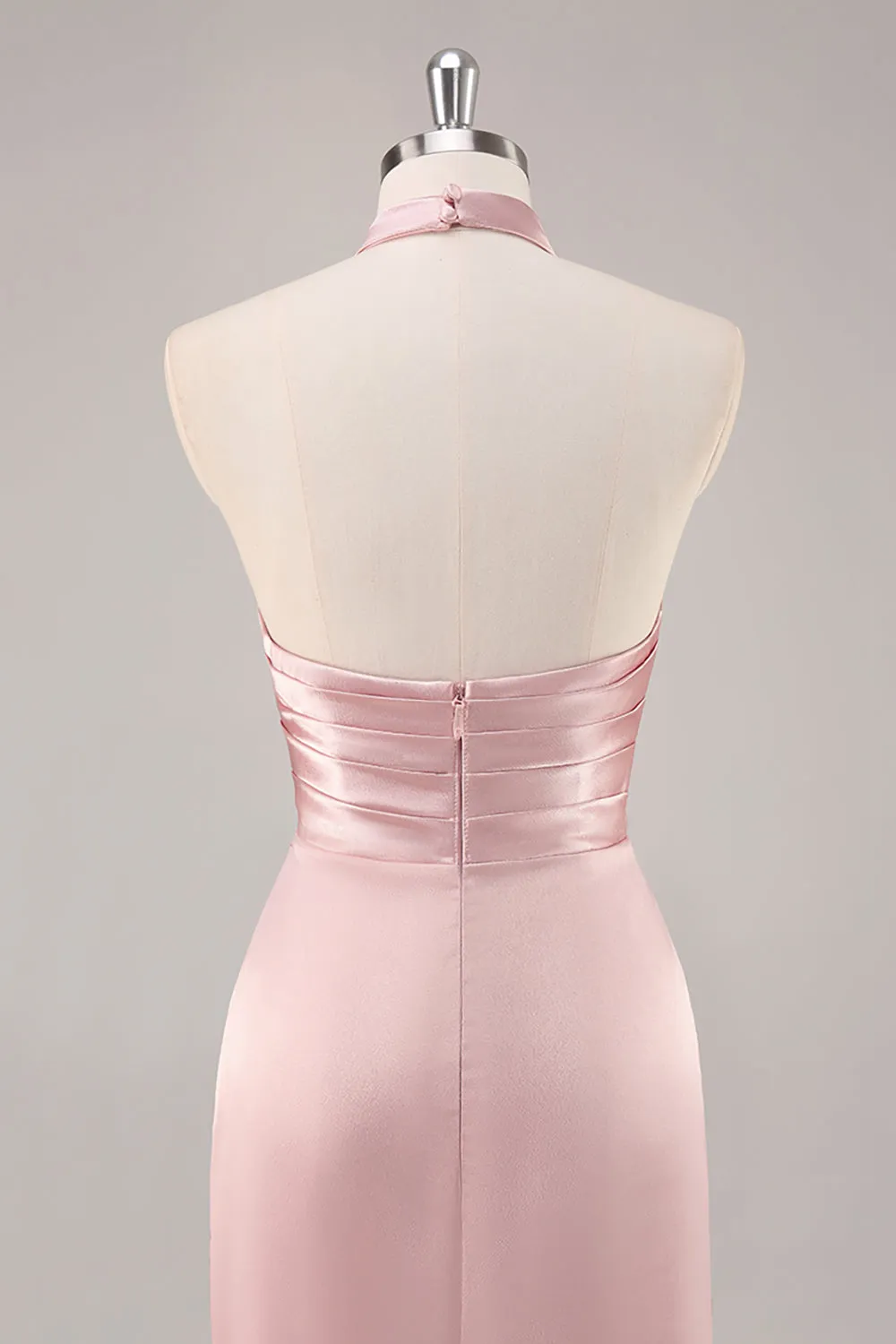 Blush High Neck Satin Ruched Long Bridesmaid Dress with Slit sold by Zapaka product image thumbnail 5