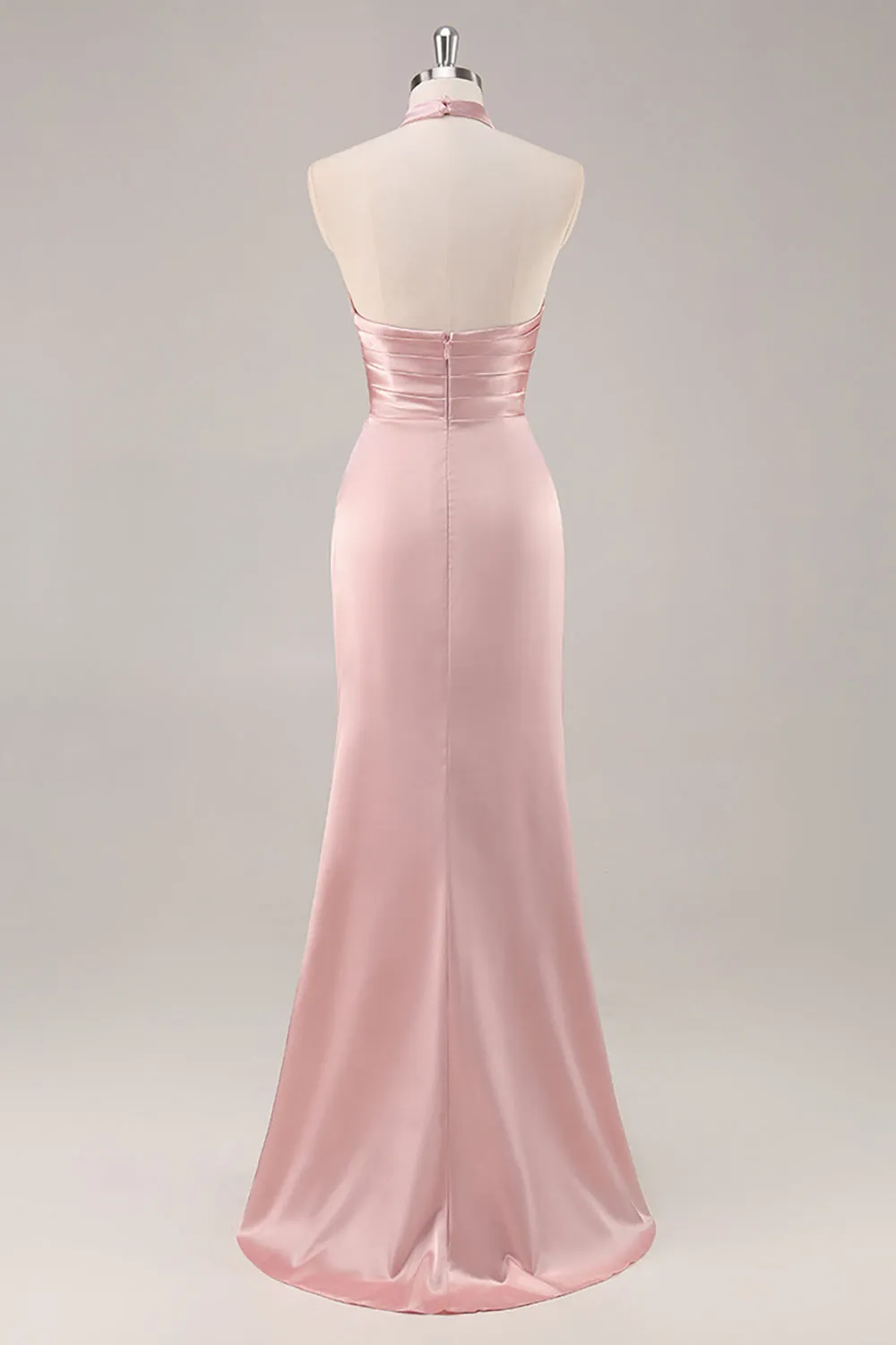 Blush High Neck Satin Ruched Long Bridesmaid Dress with Slit sold by Zapaka product image thumbnail 2