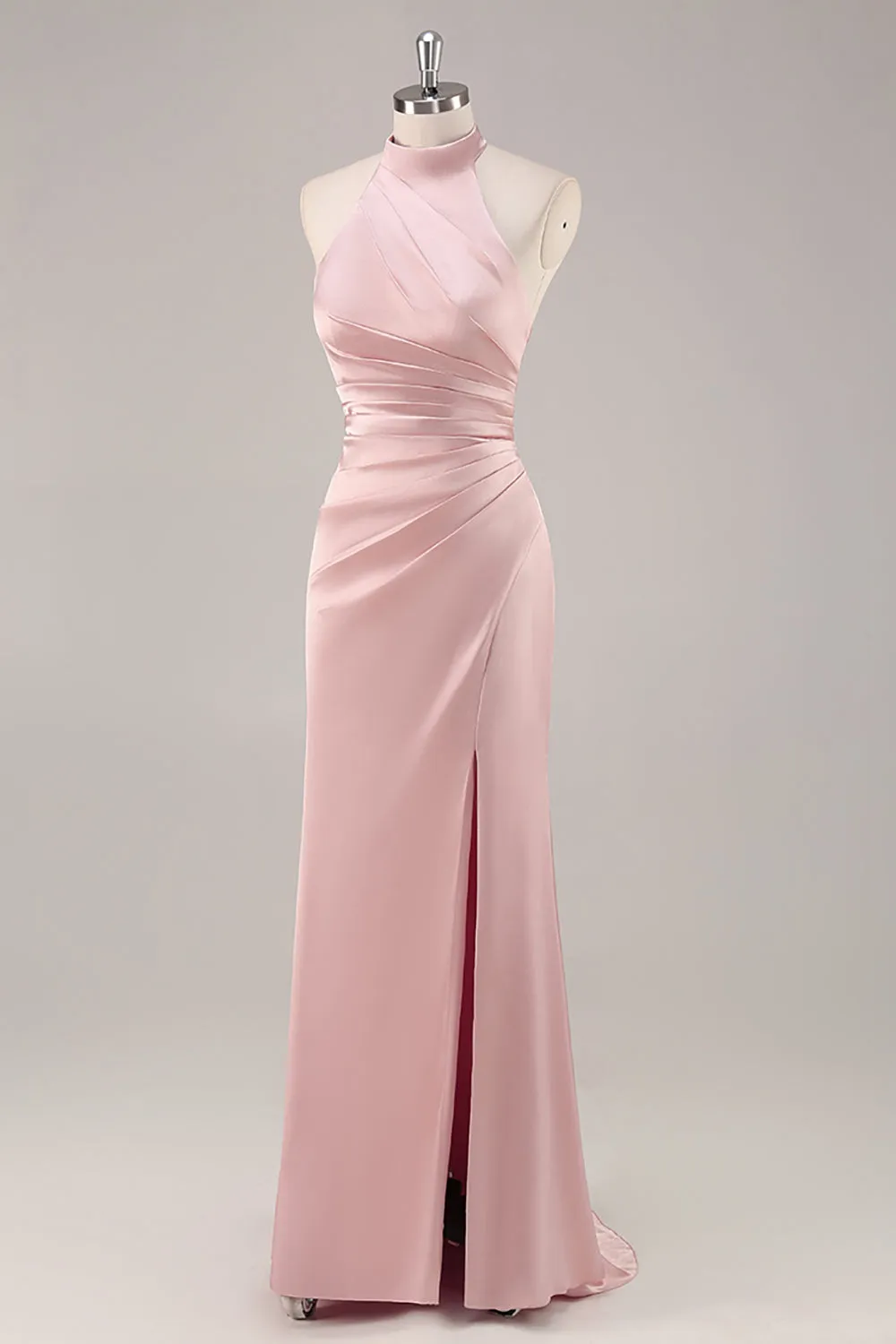 Blush High Neck Satin Ruched Long Bridesmaid Dress with Slit sold by Zapaka product image thumbnail 3
