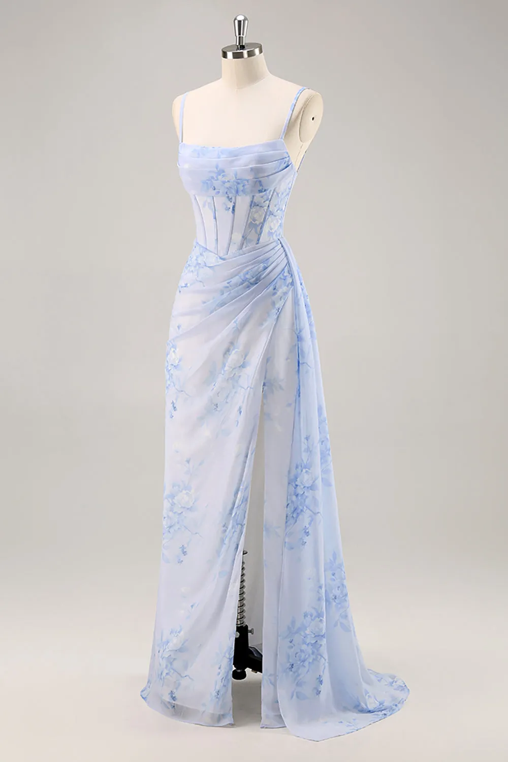 Blue Floral Mermaid Corset Long Bridesmaid Dress with Slit sold by Zapaka product image thumbnail 3