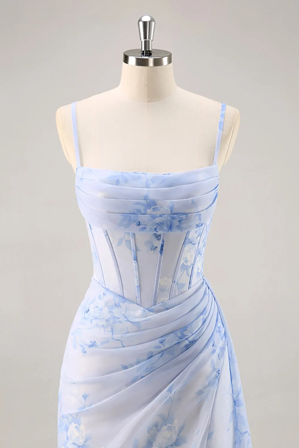 Blue Floral Mermaid Corset Long Bridesmaid Dress with Slit sold by Zapaka product image thumbnail 4