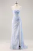 Blue Floral Mermaid Corset Long Bridesmaid Dress with Slit sold by Zapaka