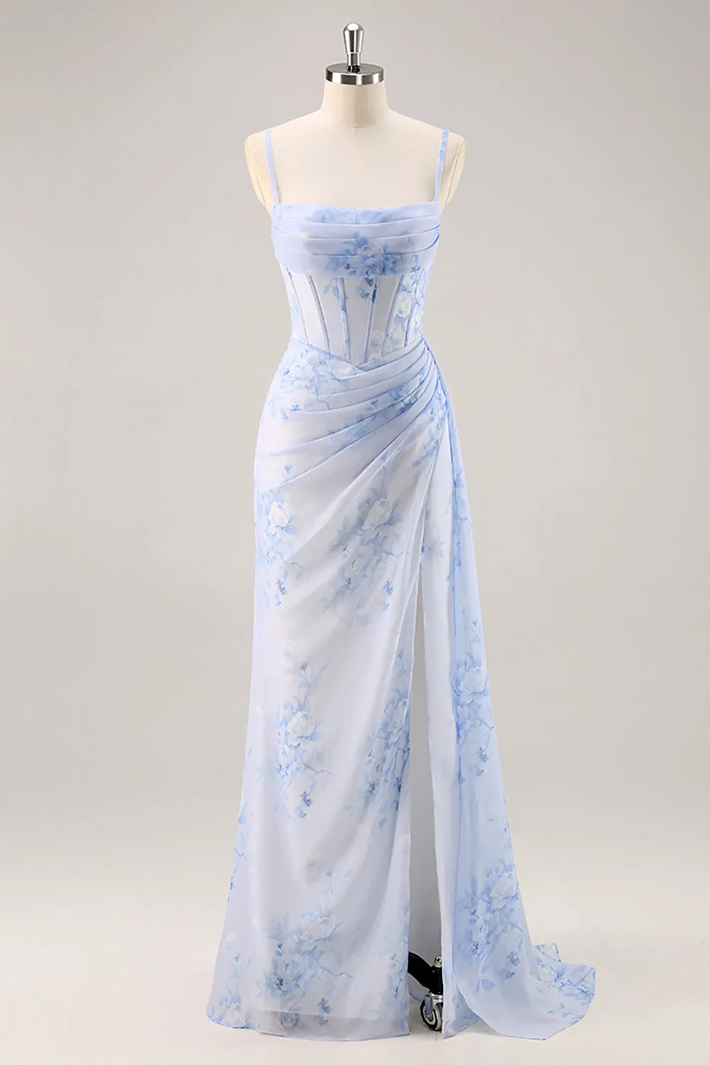 Blue Floral Mermaid Corset Long Bridesmaid Dress with Slit sold by Zapaka