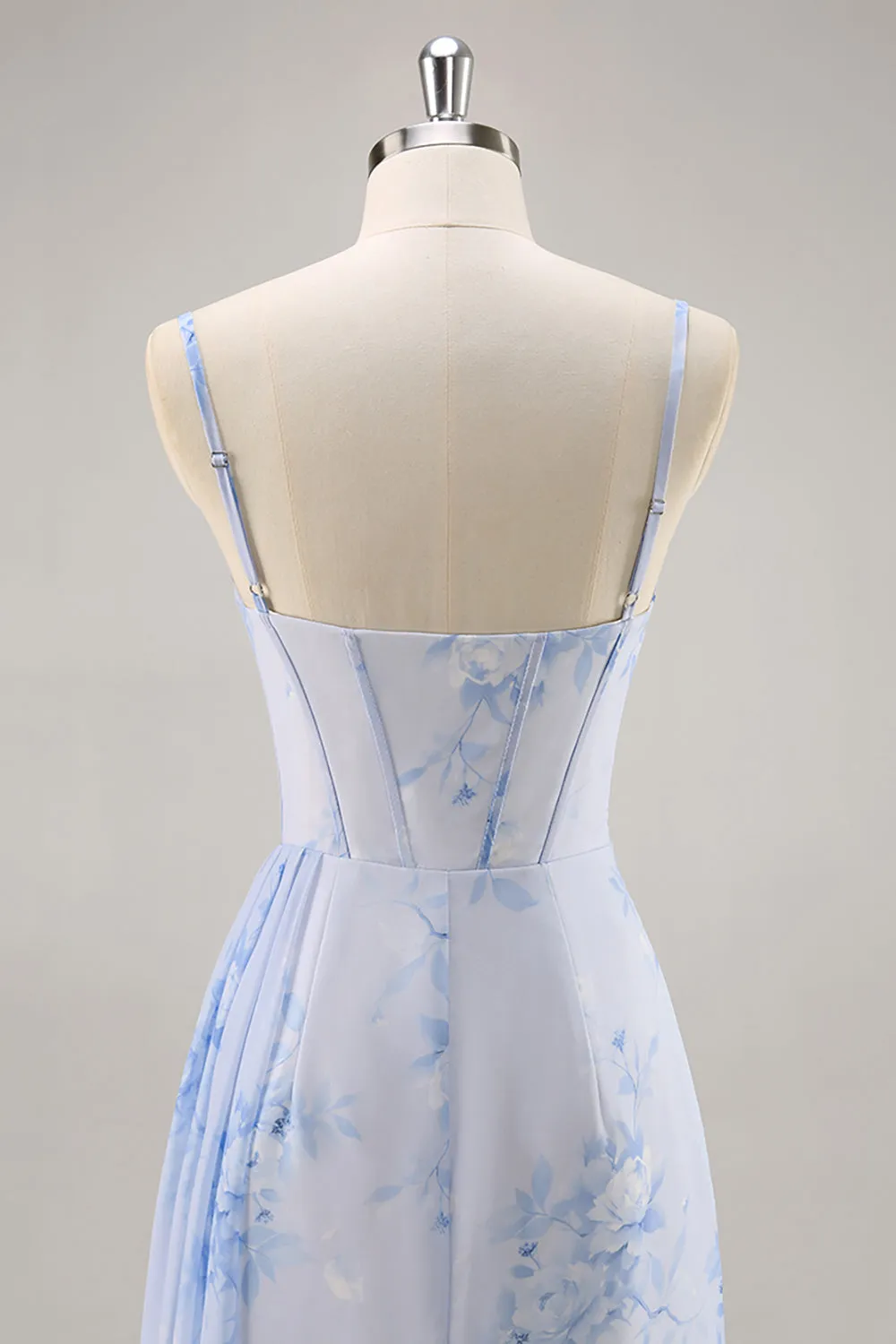 Blue Floral Mermaid Corset Long Bridesmaid Dress with Slit sold by Zapaka product image thumbnail 5