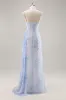 Blue Floral Mermaid Corset Long Bridesmaid Dress with Slit sold by Zapaka