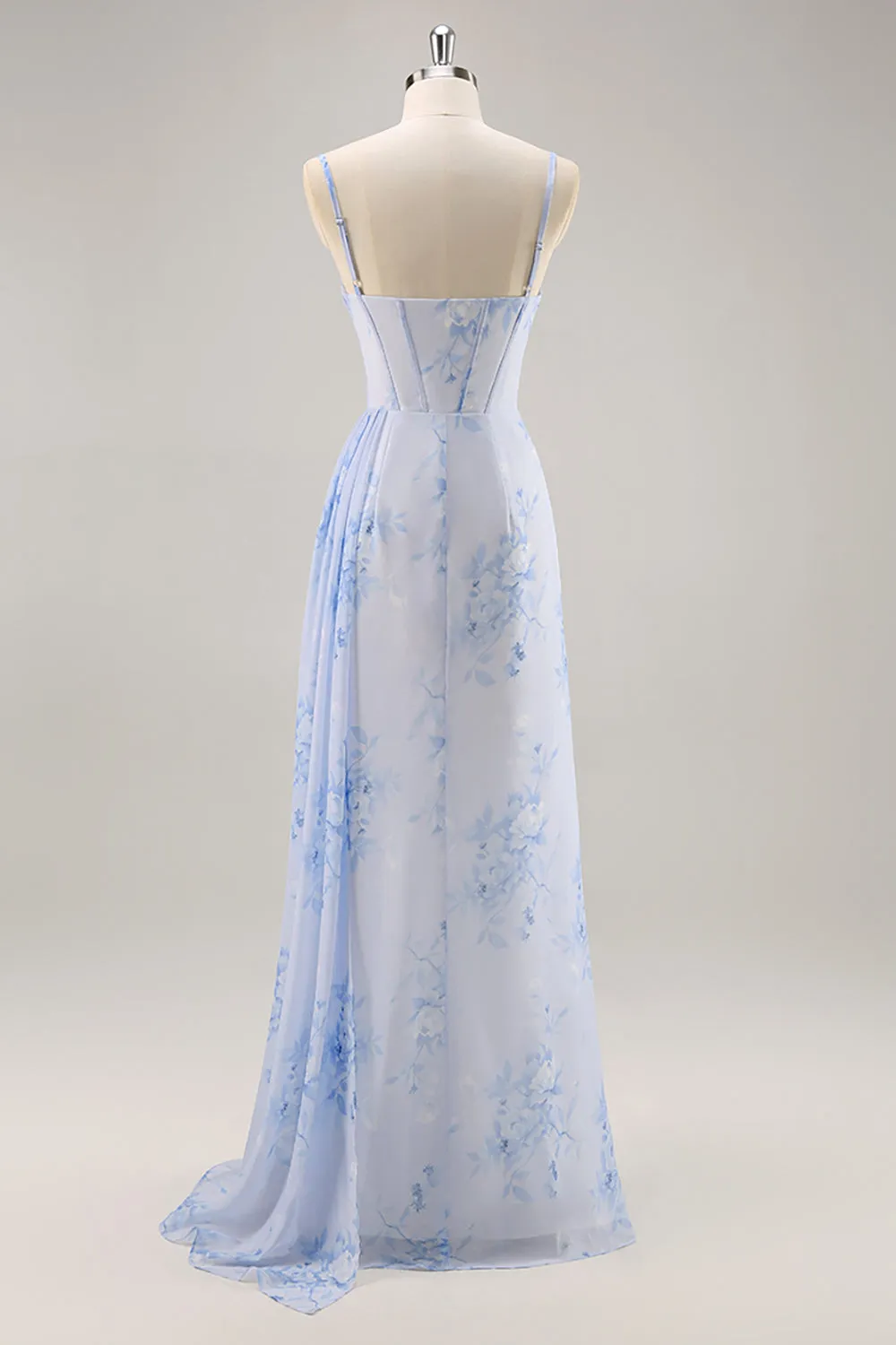 Blue Floral Mermaid Corset Long Bridesmaid Dress with Slit sold by Zapaka product image thumbnail 2