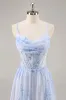 Blue Floral A Line Spaghetti Straps Corset Chiffon Long Bridesmaid Dress with Slit sold by Zapaka