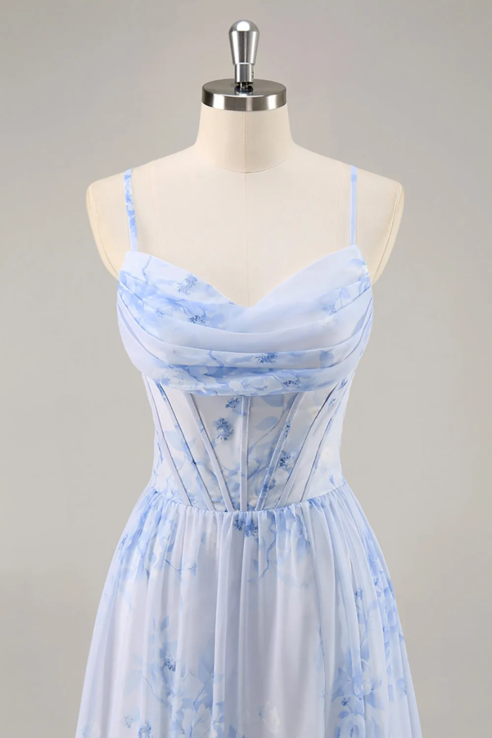 Blue Floral A Line Spaghetti Straps Corset Chiffon Long Bridesmaid Dress with Slit sold by Zapaka product image thumbnail 4