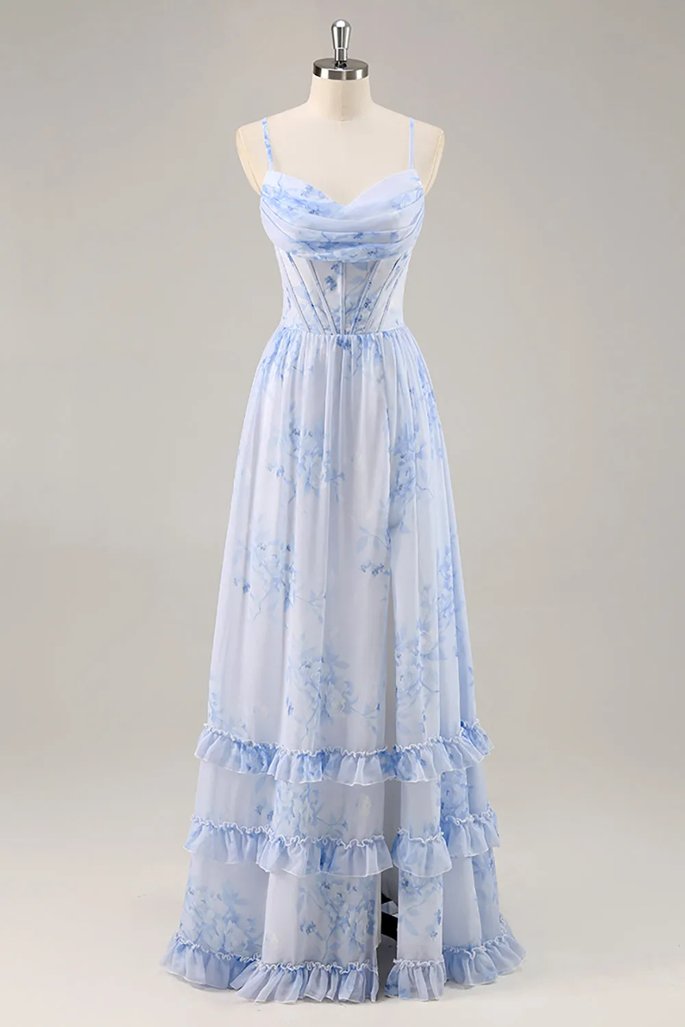 Blue Floral A Line Spaghetti Straps Corset Chiffon Long Bridesmaid Dress with Slit sold by Zapaka