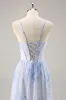 Blue Floral A Line Spaghetti Straps Corset Chiffon Long Bridesmaid Dress with Slit sold by Zapaka