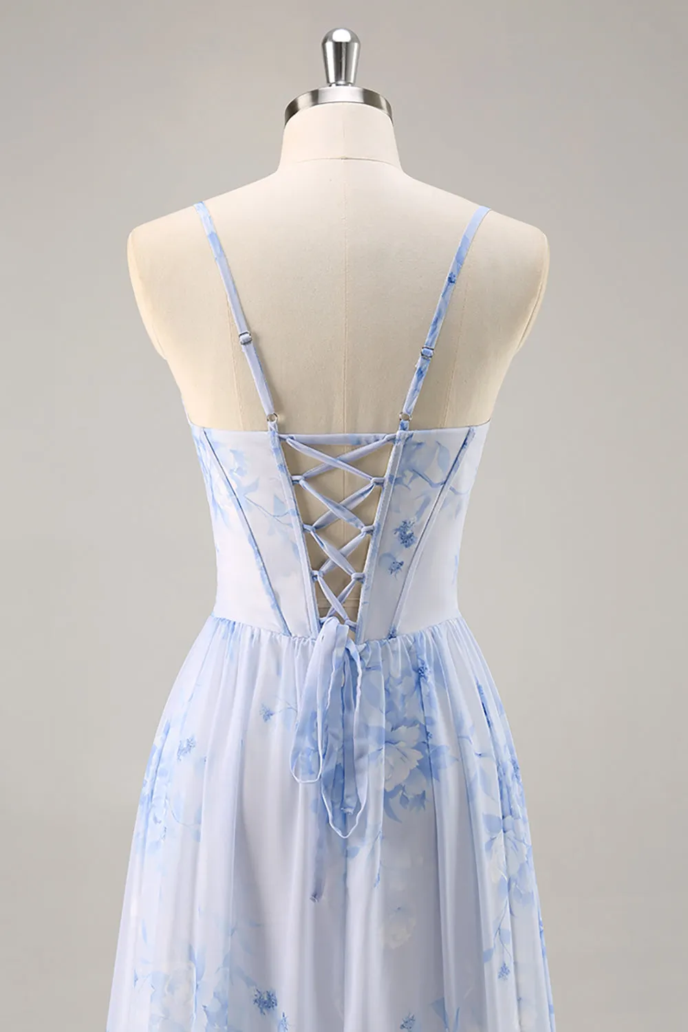 Blue Floral A Line Spaghetti Straps Corset Chiffon Long Bridesmaid Dress with Slit sold by Zapaka product image thumbnail 5