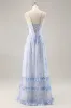 Blue Floral A Line Spaghetti Straps Corset Chiffon Long Bridesmaid Dress with Slit sold by Zapaka