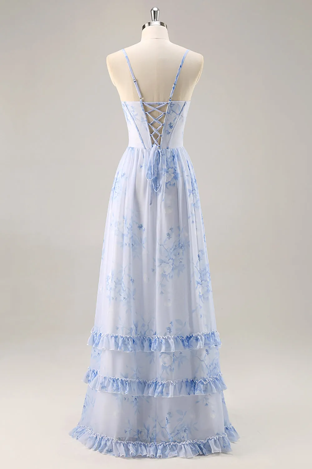Blue Floral A Line Spaghetti Straps Corset Chiffon Long Bridesmaid Dress with Slit sold by Zapaka product image thumbnail 2
