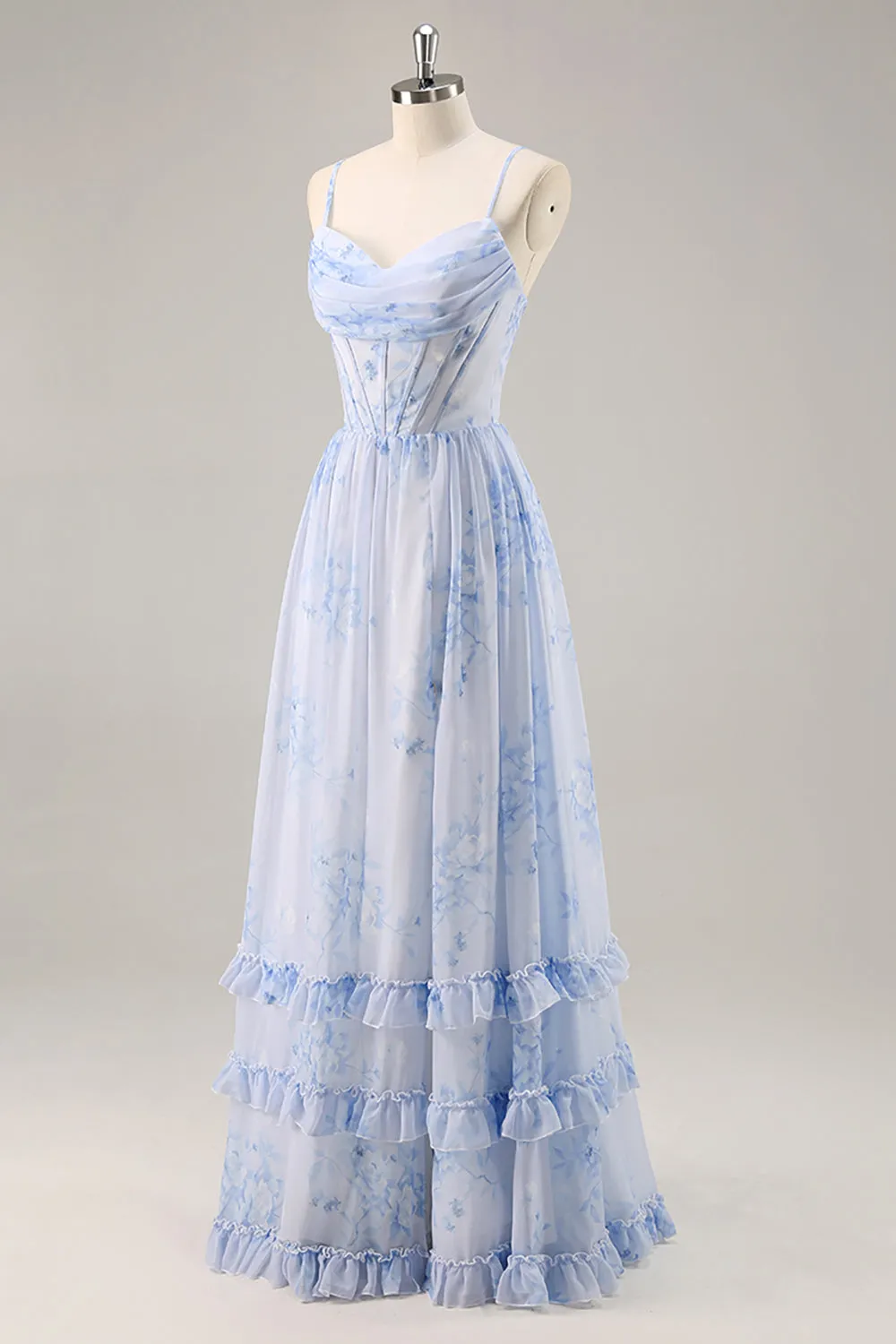 Blue Floral A Line Spaghetti Straps Corset Chiffon Long Bridesmaid Dress with Slit sold by Zapaka product image thumbnail 3