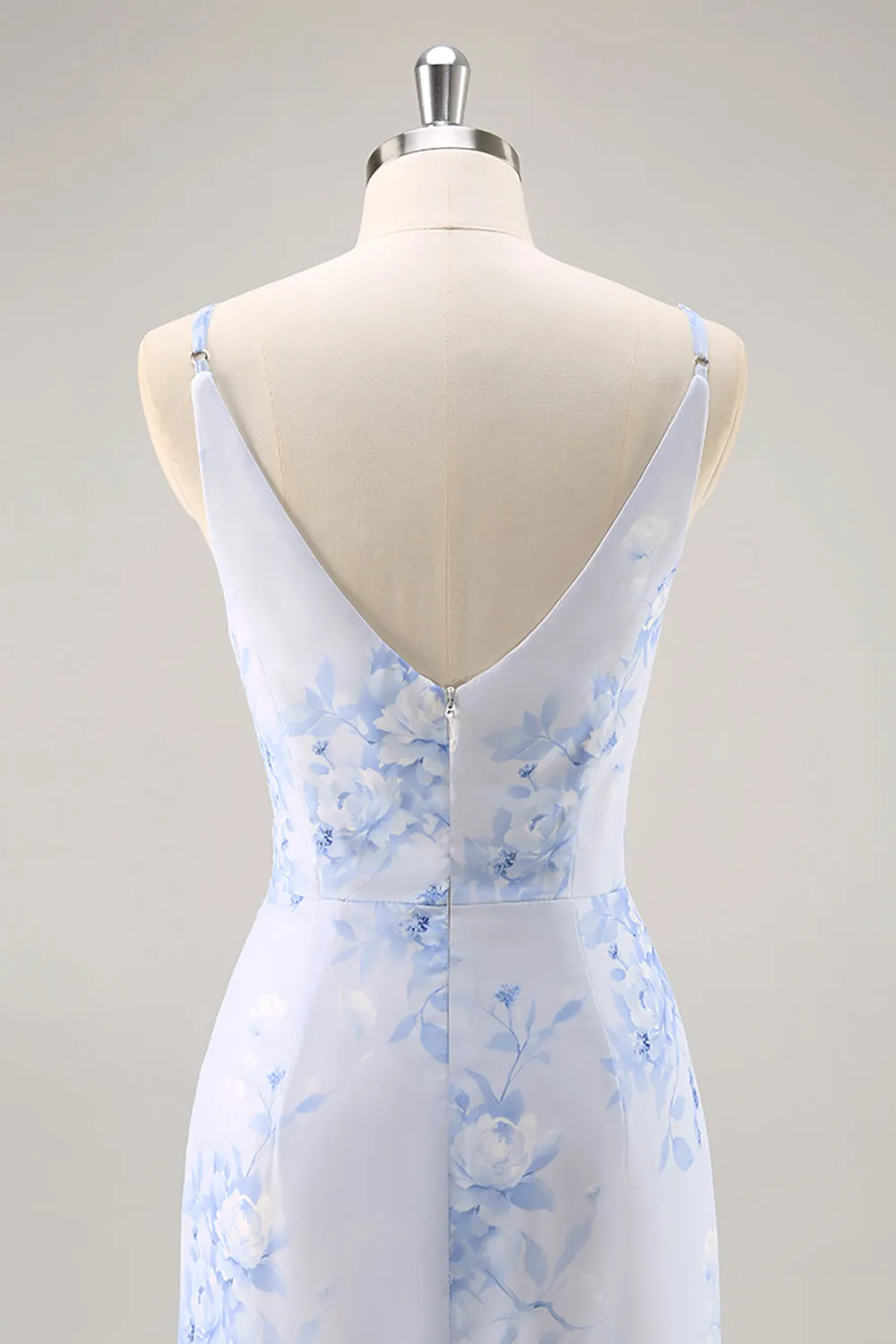 Blue Floral Ruched Chiffon Long Bridesmaid Dress with Slit sold by Zapaka product image thumbnail 5