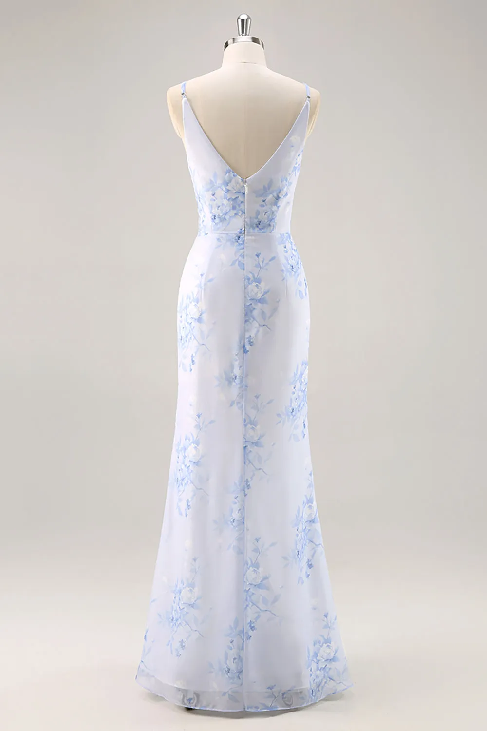 Blue Floral Ruched Chiffon Long Bridesmaid Dress with Slit sold by Zapaka product image thumbnail 2