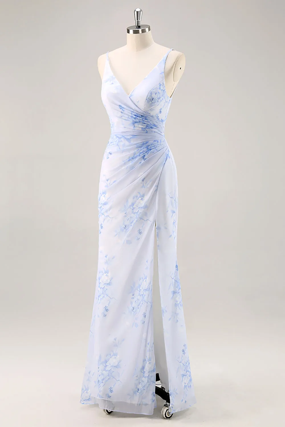 Blue Floral Ruched Chiffon Long Bridesmaid Dress with Slit sold by Zapaka product image thumbnail 3