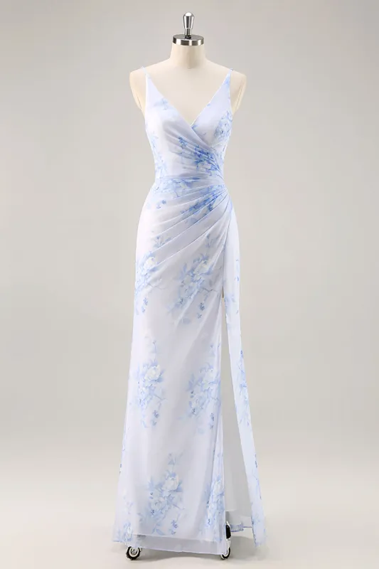 Blue Floral Ruched Chiffon Long Bridesmaid Dress with Slit sold by Zapaka