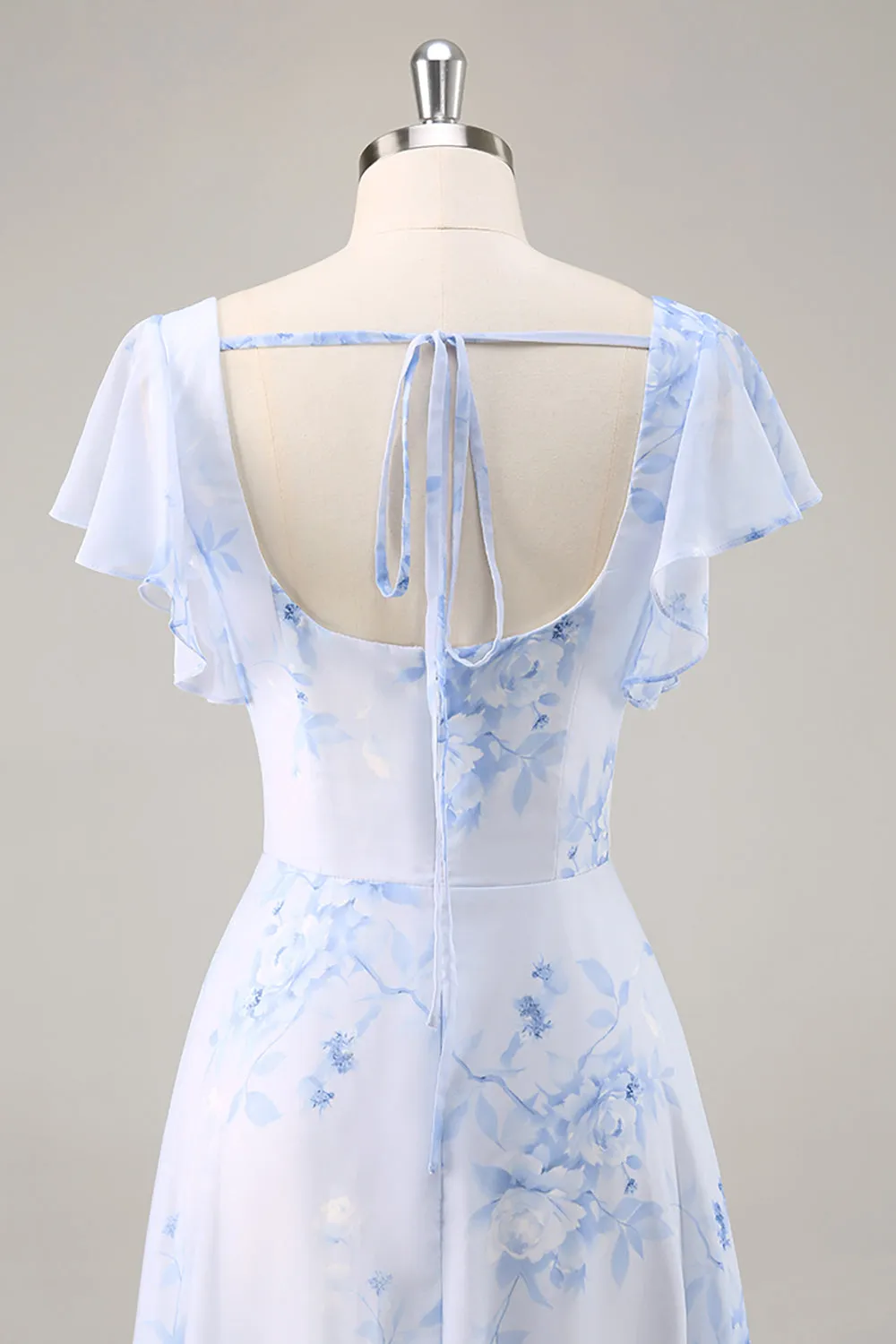 Blue Floral Scoop Neck Chiffon Long Bridesmaid Dress with Ruffles sold by Zapaka product image thumbnail 5