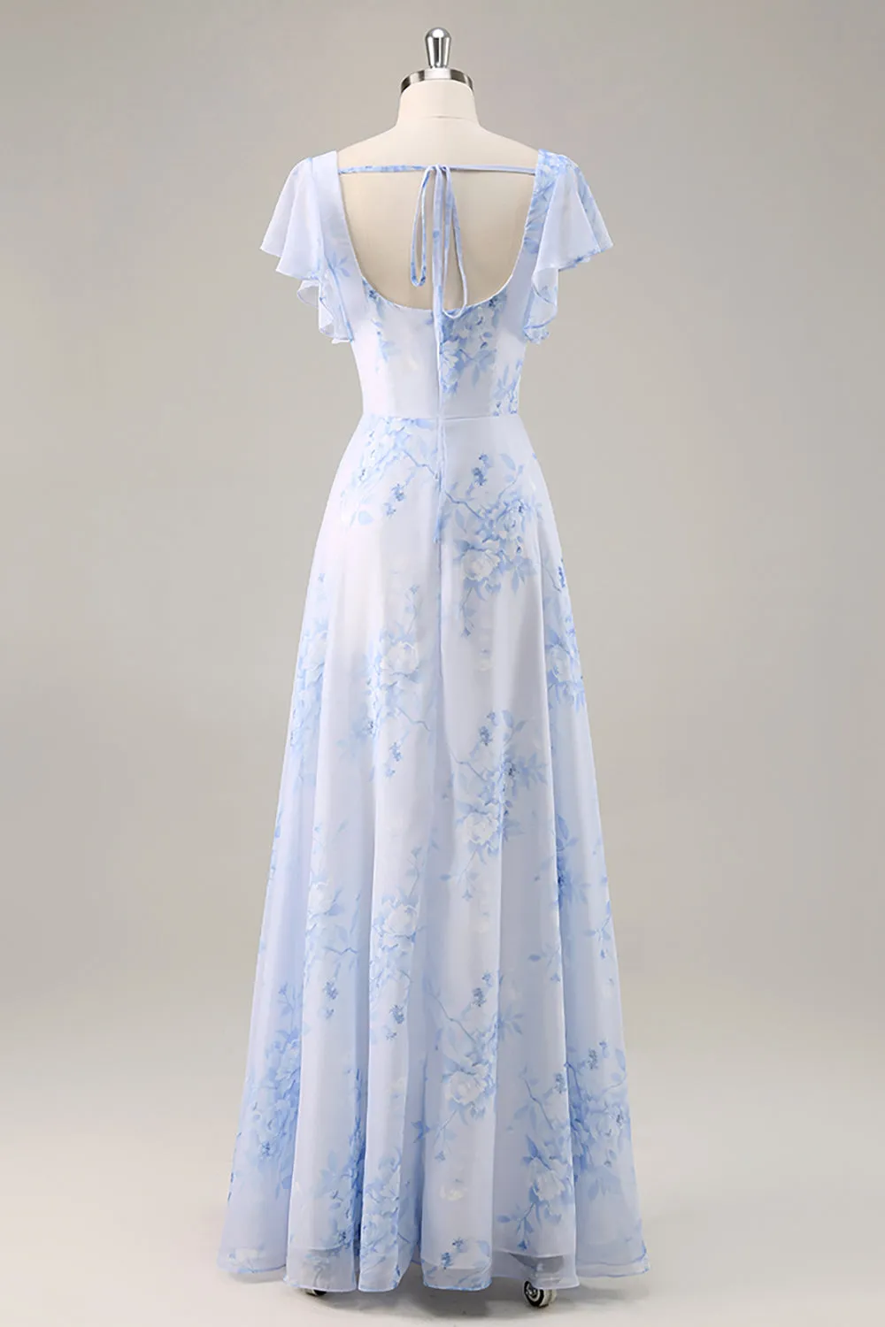 Blue Floral Scoop Neck Chiffon Long Bridesmaid Dress with Ruffles sold by Zapaka product image thumbnail 2