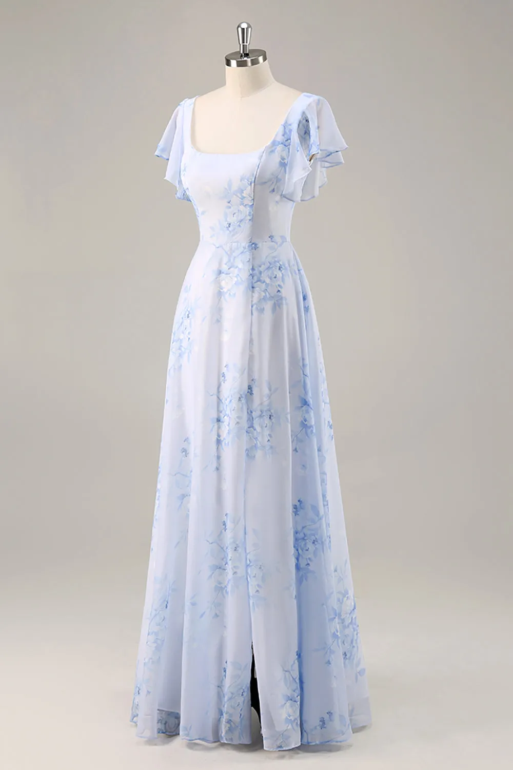 Blue Floral Scoop Neck Chiffon Long Bridesmaid Dress with Ruffles sold by Zapaka product image thumbnail 3