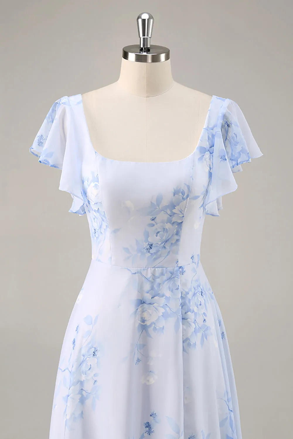 Blue Floral Scoop Neck Chiffon Long Bridesmaid Dress with Ruffles sold by Zapaka product image thumbnail 4