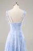 Blue Floral A Line Chiffon Long Bridesmaid Dress with Ruffles sold by Zapaka