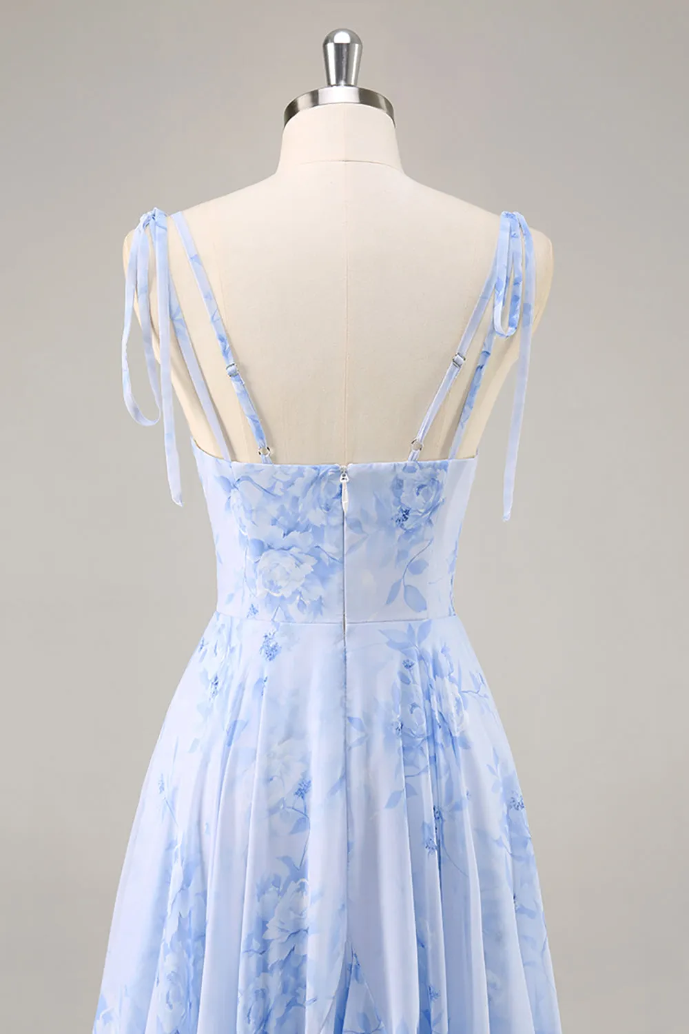 Blue Floral A Line Chiffon Long Bridesmaid Dress with Ruffles sold by Zapaka product image thumbnail 5