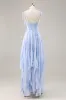 Blue Floral A Line Chiffon Long Bridesmaid Dress with Ruffles sold by Zapaka