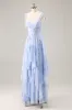 Blue Floral A Line Chiffon Long Bridesmaid Dress with Ruffles sold by Zapaka