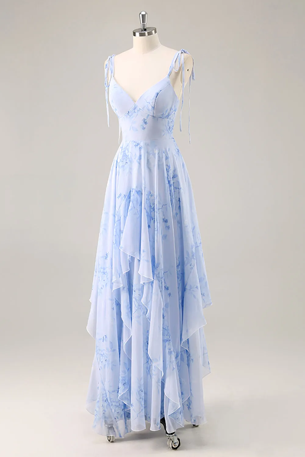 Blue Floral A Line Chiffon Long Bridesmaid Dress with Ruffles sold by Zapaka product image thumbnail 3