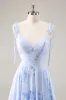 Blue Floral A Line Chiffon Long Bridesmaid Dress with Ruffles sold by Zapaka