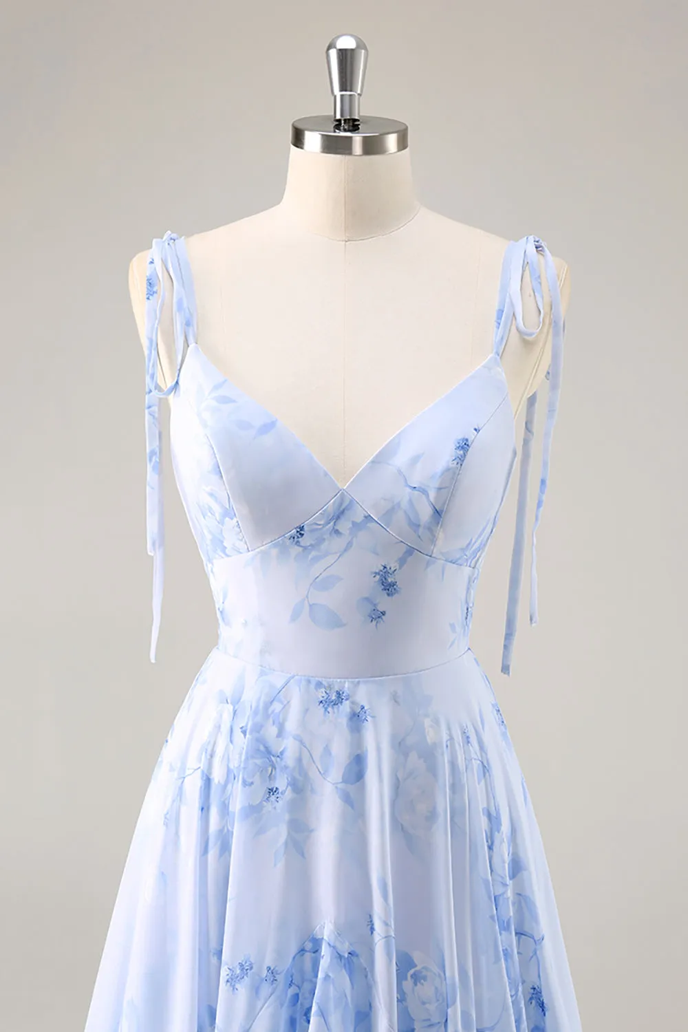 Blue Floral A Line Chiffon Long Bridesmaid Dress with Ruffles sold by Zapaka product image thumbnail 4