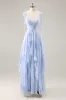 Blue Floral A Line Chiffon Long Bridesmaid Dress with Ruffles sold by Zapaka