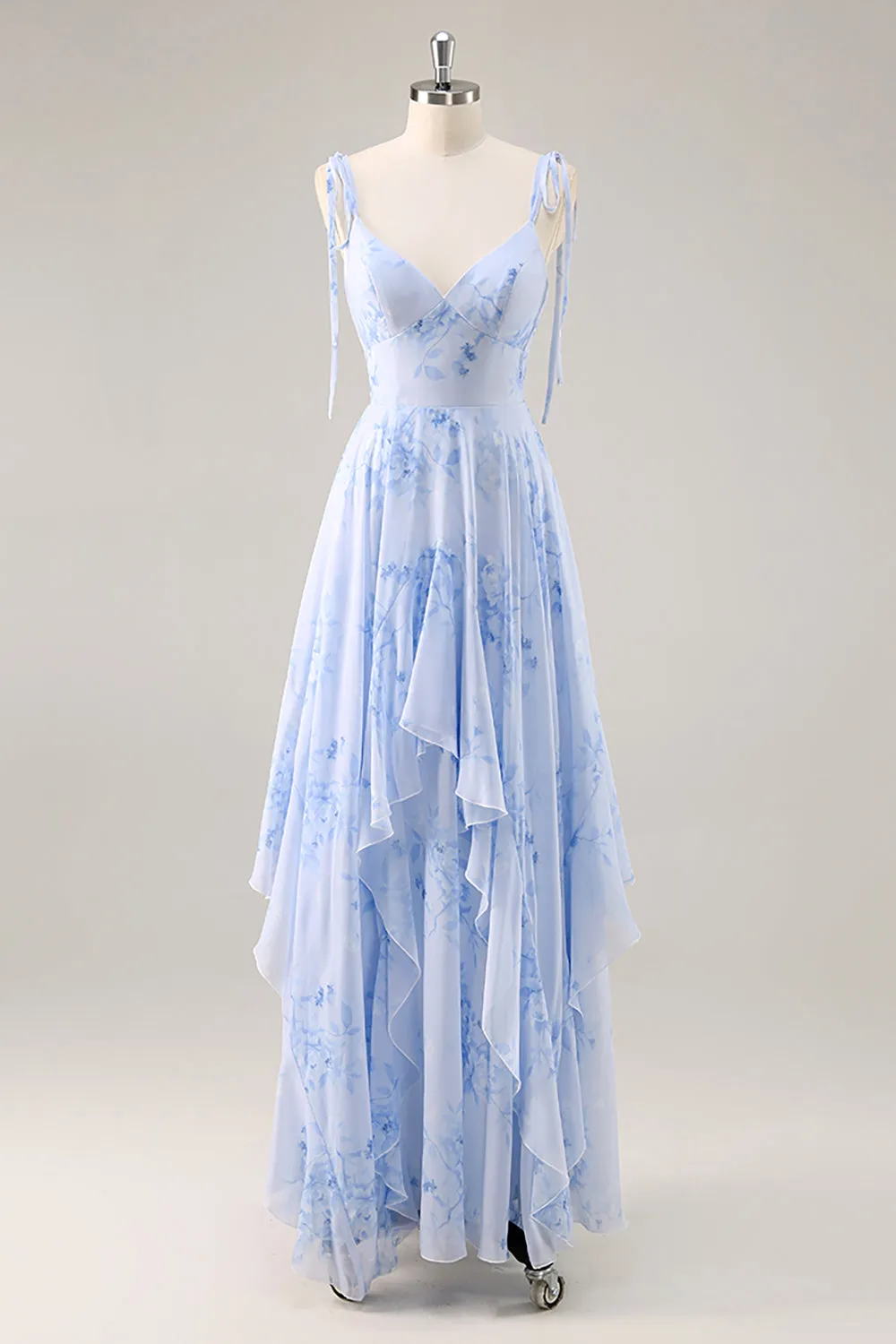 Blue Floral A Line Chiffon Long Bridesmaid Dress with Ruffles sold by Zapaka