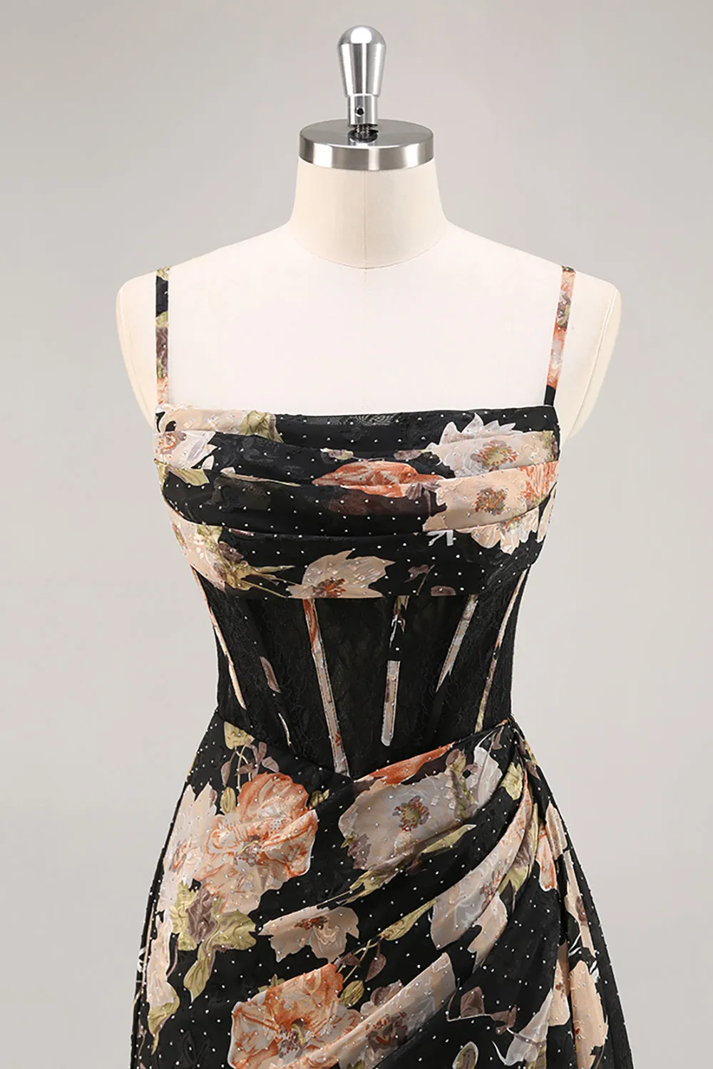 Sparkly Black Floral Corset Long Bridesmaid Dress with Beading sold by Zapaka product image thumbnail 4
