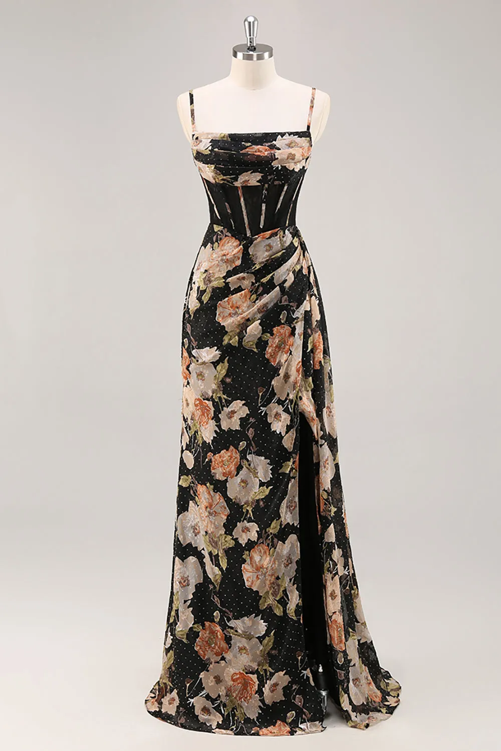 Sparkly Black Floral Corset Long Bridesmaid Dress with Beading sold by Zapaka