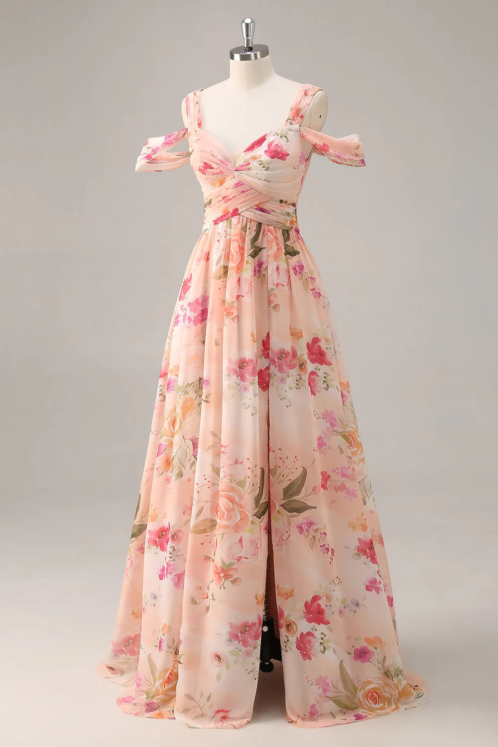 Pink Floral Ruched Long Bridesmaid Dress with Slit sold by Zapaka product image thumbnail 3