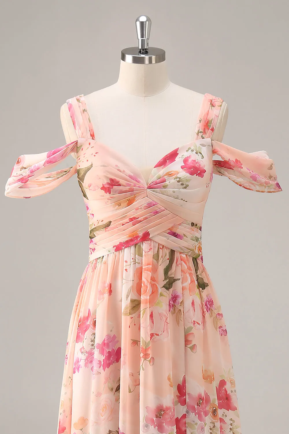 Pink Floral Ruched Long Bridesmaid Dress with Slit sold by Zapaka product image thumbnail 4