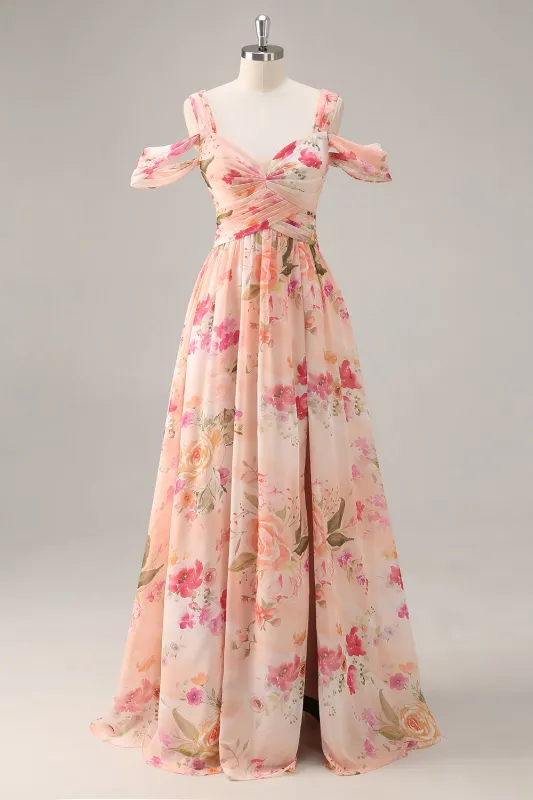 Pink Floral Ruched Long Bridesmaid Dress with Slit sold by Zapaka