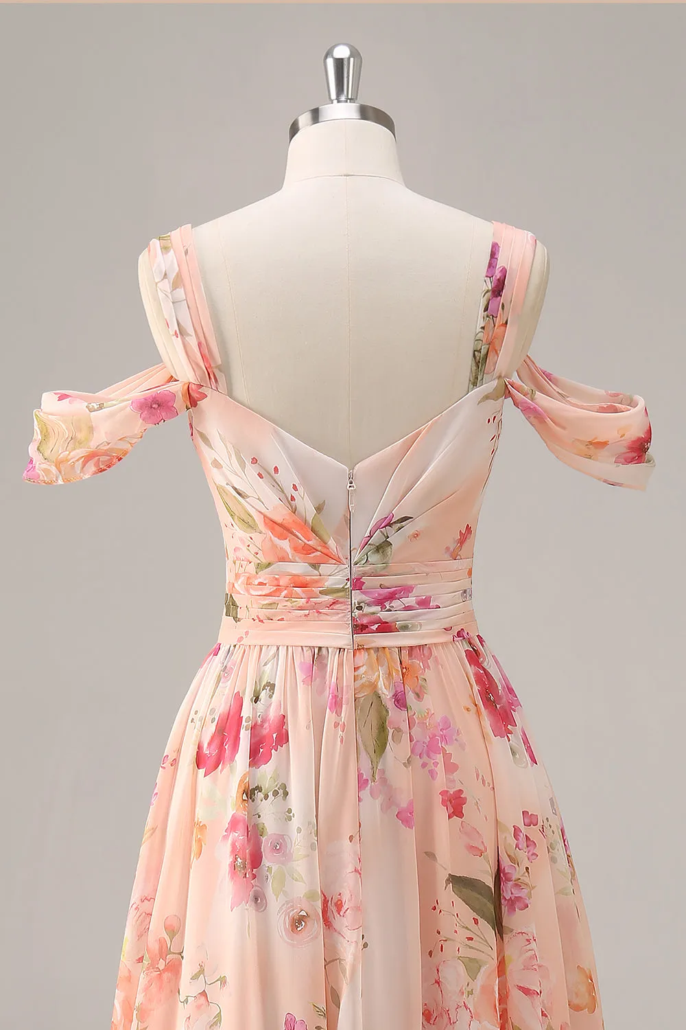 Pink Floral Ruched Long Bridesmaid Dress with Slit sold by Zapaka product image thumbnail 5