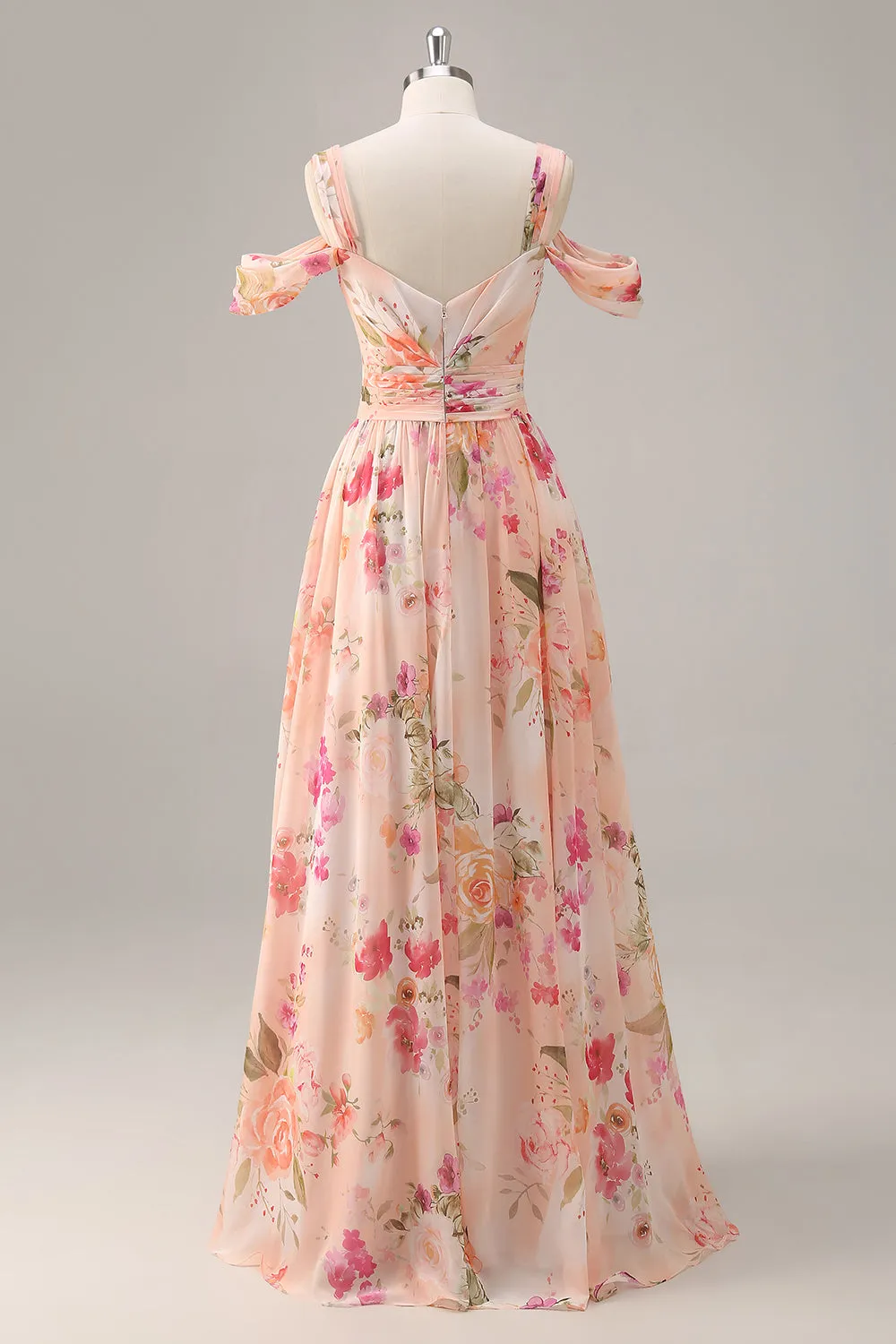 Pink Floral Ruched Long Bridesmaid Dress with Slit sold by Zapaka product image thumbnail 2