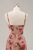 Dusty Rose Ruched Floral Corset Long Bridesmaid Dress with Slit sold by Zapaka