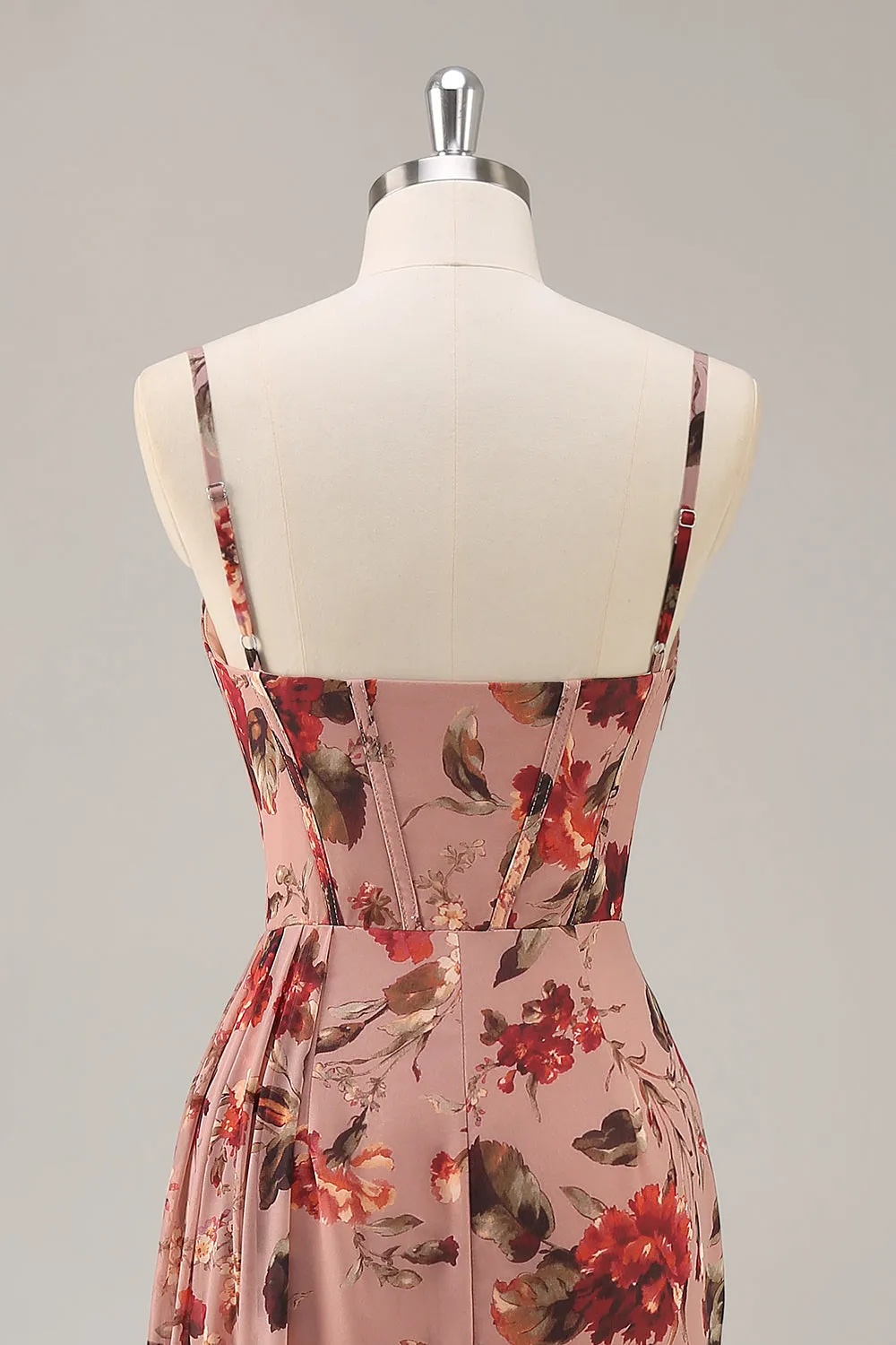 Dusty Rose Ruched Floral Corset Long Bridesmaid Dress with Slit sold by Zapaka product image thumbnail 5