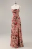 Dusty Rose Ruched Floral Corset Long Bridesmaid Dress with Slit sold by Zapaka
