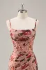 Dusty Rose Ruched Floral Corset Long Bridesmaid Dress with Slit sold by Zapaka