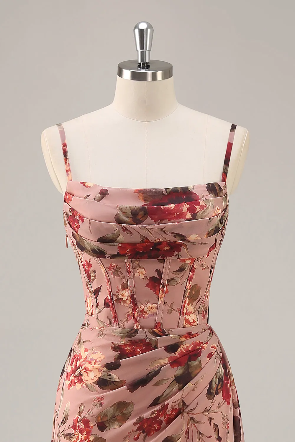 Dusty Rose Ruched Floral Corset Long Bridesmaid Dress with Slit sold by Zapaka product image thumbnail 4