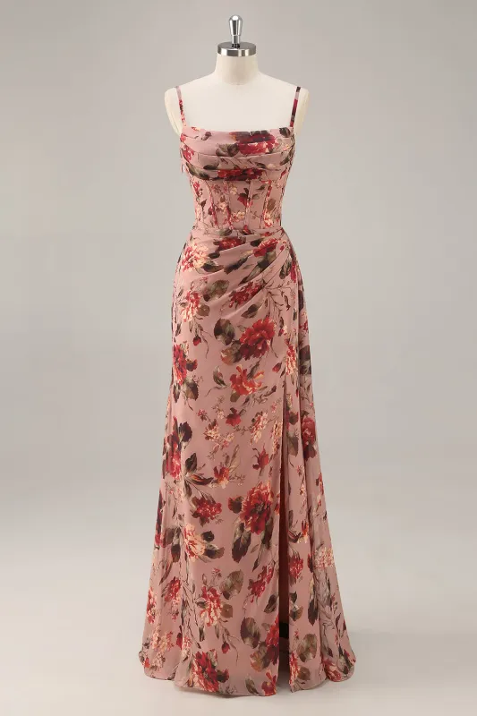 Dusty Rose Ruched Floral Corset Long Bridesmaid Dress with Slit sold by Zapaka