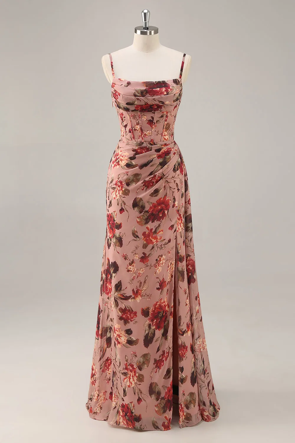 Dusty Rose Ruched Floral Corset Long Bridesmaid Dress with Slit sold by Zapaka
