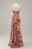 Dusty Rose Ruched Floral Corset Long Bridesmaid Dress with Slit sold by Zapaka